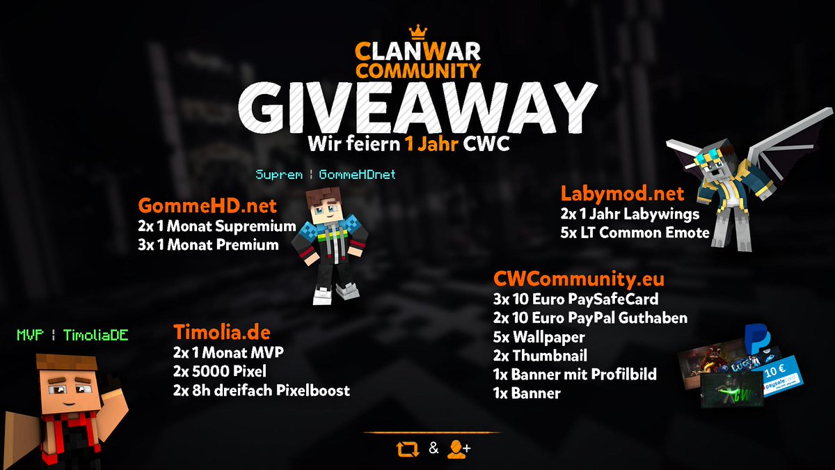 1 Jahr CWCommunity

Was gibt es zu gewinnen?
Alle Preise stehen im Bild, sowie im Subtweet!

Was muss ich tun?
- RT diesen Tweet
- Folge uns

Das Giveaway endet am 01.10.2019 um 20 Uhr

Danke an <a href="/GommeHDnet/">GommeHD.net</a> <a href="/TimoliaTeam/">Timolia</a> und <a href="/LabyMod/">LabyMod</a> für die Preise ♥