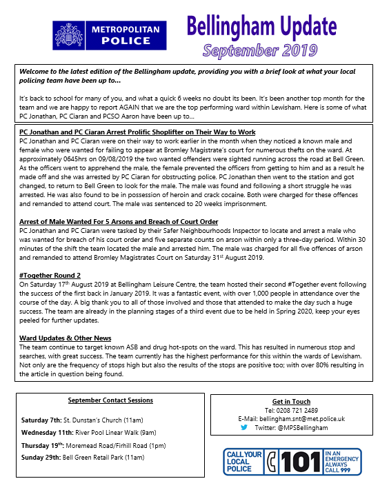 MPSBellingham's tweet photo. 🗞️ EXTRA! EXTRA! READ ALL ABOUT IT!!! Here it is, our September 2019 #Bellingham Update. 

Read about what #PCJonathan, #PCCiaran &amp; #PCSOAaron have been up to. 

Email 📧 us on bellingham.SNT@met.police.uk if you would like to be added to our mailing list. https://t.co/ouG7yZa7LB