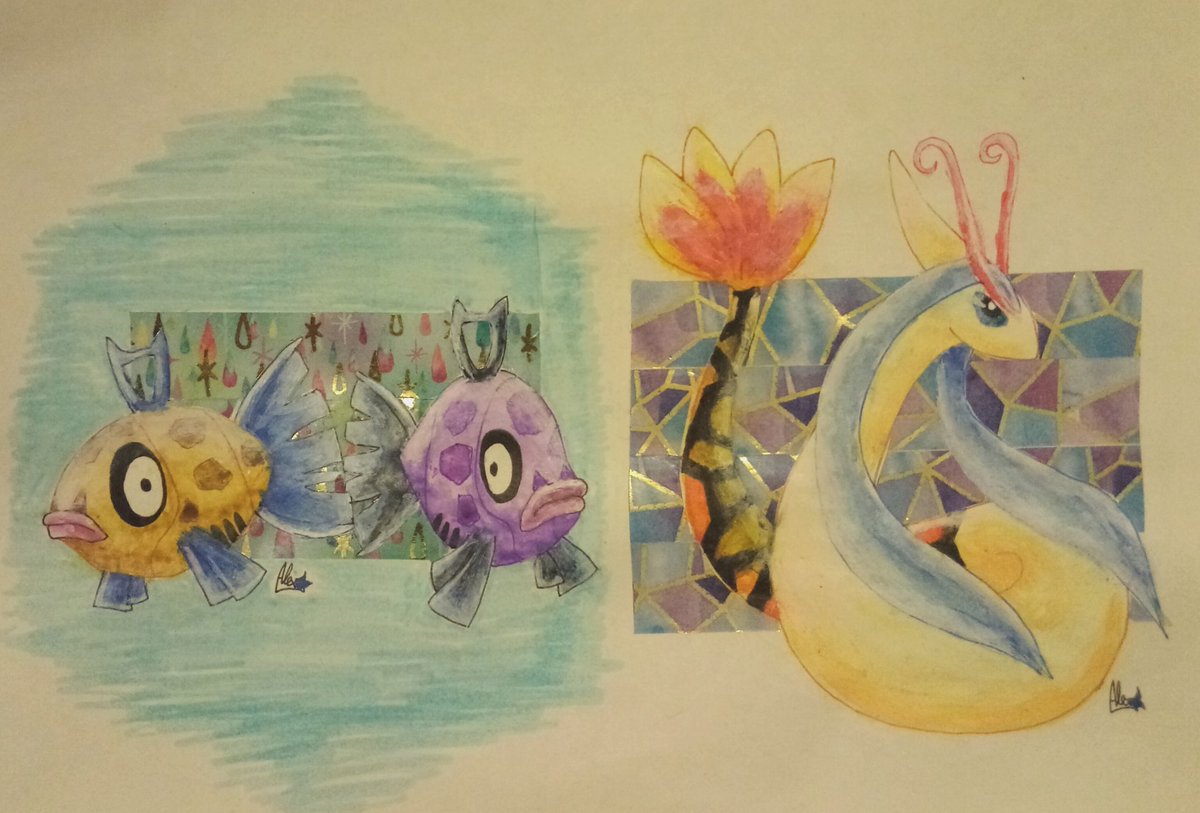 AlexKekzii's tweet photo. Little watercolor artwork of feebas and milotic, with shiny sparkles. ✨😄
Early this year there was a feebas event in Pokémon Go. I didn't get a shiny.
So I drew me one. 👌🏻😤
#feebas #barschwa #milotic #fanart #art #artwork #pokemon #pokemongo #watercolor #watercolorart https://t.co/efrjNPutOF