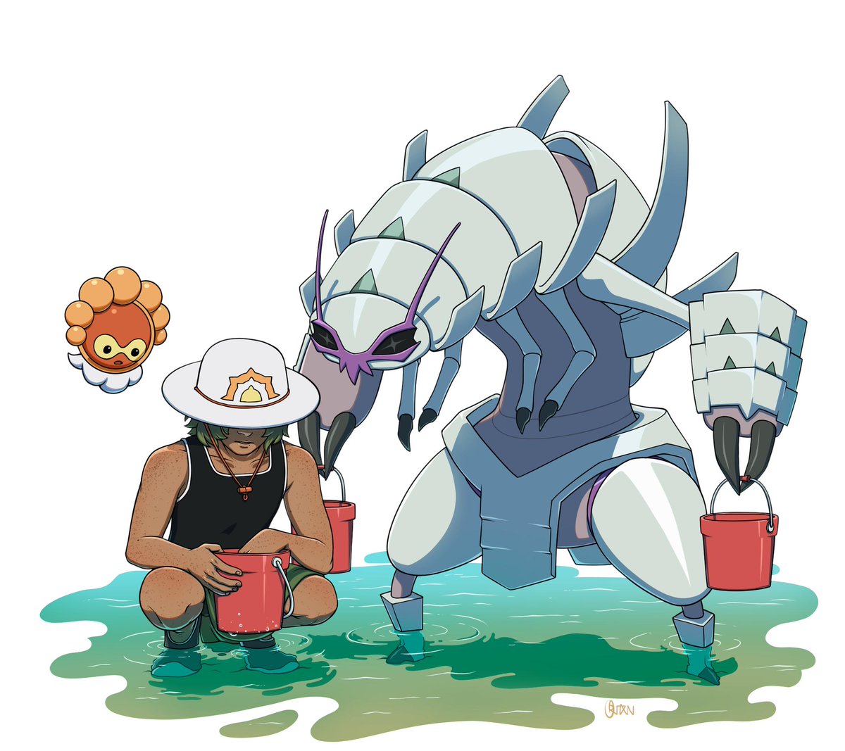 A full-color drawing of my Pokemon character, a Sunny form Castform, and a Golisopod...