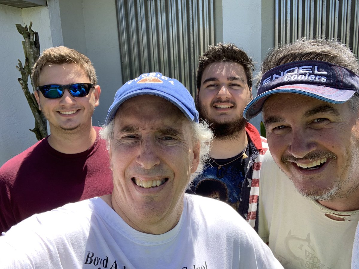DennisJacob80's tweet image. Thanks to the helping hands of longtime friend @TCPalmEKiller (far right) and his sons Conrad (far left) and Pierce (second from right), the shutters are up at the Jacob Estate. Now if only Mother Nature would push Dorian north ... #HurricaneDorian #TCPalm #TCWeather