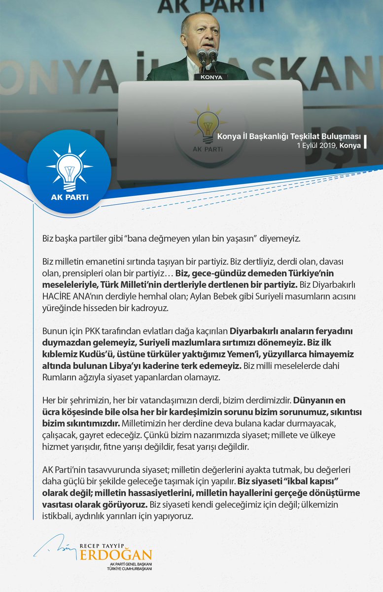 RTErdogan's tweet photo. AK Parti’nin tasavvurunda siyaset; milletin değerlerini ayakta tutmak, bu değerleri daha güçlü bir şekilde geleceğe taşımak için yapılır. https://t.co/0n77IrW4sh