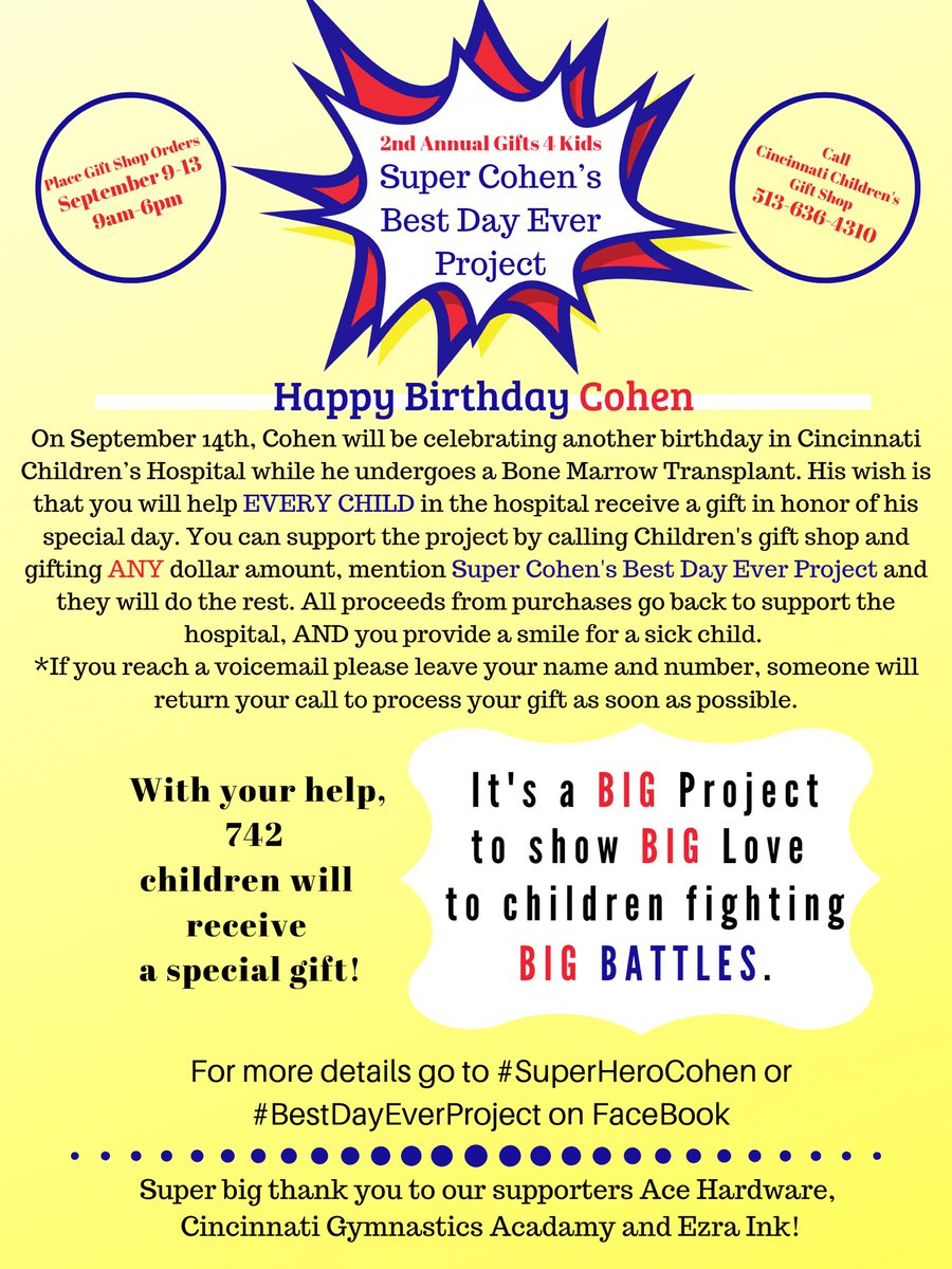 Carrie Bramlee On Twitter Cohen S Birthday Wish Will You Share And Help Us Reach Our Goal Of 742 Gifts For 742 Children Fighting Big Battles At Cincinnati Children S Hospital Main Campus And