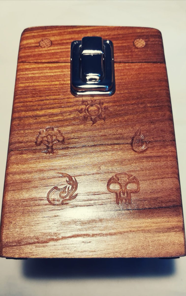 Bespoke elm and stab wood Mana card Box made to customer spec. Dark purple and cyan resin, burred elm and cnc'd mana symbols #Mana #handmade #madeintheuk