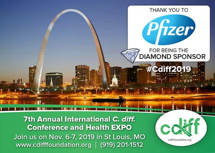 cdiffFoundation's tweet photo. C Diff Foundation Thanks @pfizer for being the Diamond Sponsor of the 7th Annual International #cdiff Conference and Health EXPO #Cdiff2019  #November 6-7 #StLouis @doubletreewpstl #prevention #clinicaltrials #microbiome #InfectionPrevention #Cdifficile #treatment #environmental https://t.co/oVwDUTbLNz