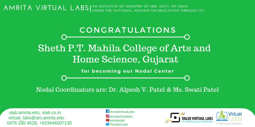 AmritaVLabs's tweet photo. Congratulations Sheth P.T. Mahila College of Arts and Home Science, Gujarat for becoming Amrita Virtual Labs Nodal Center.

Nodal Coordinators are Dr. Alpesh V. Patel &amp; Ms. Swati Patel.

#virtuallabs #MHRD #ICT #AmritaUniversity #Nodalcenter https://t.co/ZnWlDfVgd8