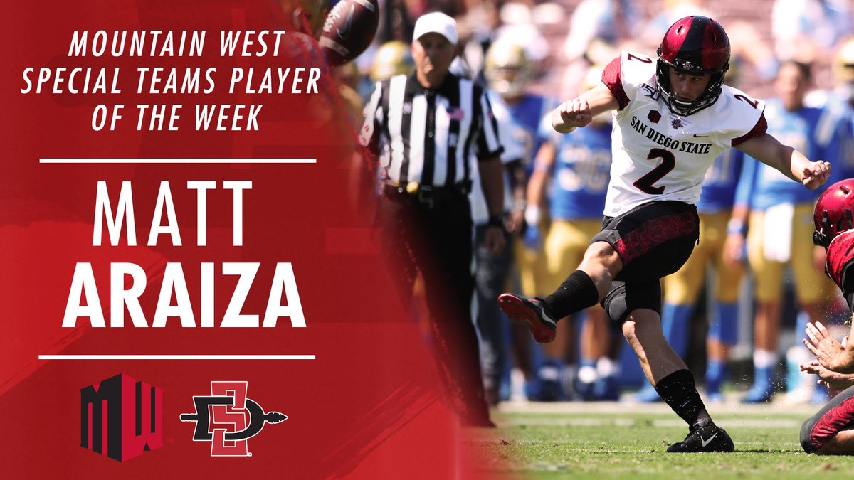 AztecFB's tweet photo. Congrats to LB Kyahva Tezino (Defensive) and K Matt Araiza (Special Teams) for being named Mountain West Players of the Week! https://t.co/POxD4oDa7J

#Win22 https://t.co/khZ5GBxyvU