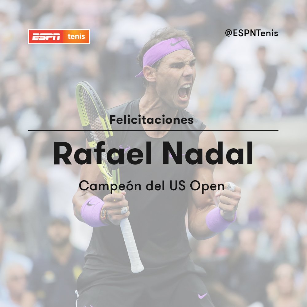 ESPNtenis's tweet photo. ¡LA FIERA ANDUVO SUELTA EN NUEVA YORK Y SE ACABA DE LLEVAR SU CUARTO TÍTULO EN EL #USOPENxESPN!🏆🇪🇸

Rafael Nadal se quedó con un partidazo ante Daniil Medvedev con parciales de 7-5, 6-3, 5-7, 4-6 y 6-4 para adueñarse de una nueva corona en el Abierto estadounidense. 👏🔥 https://t.co/m1dyMxDUlN