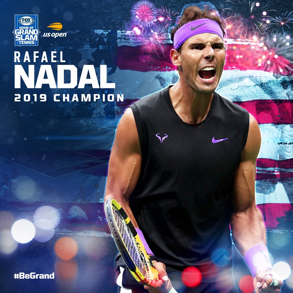 Profunen's tweet photo. Congratulations @RafaelNadal US Open Champion 2019, 19 Grand Slam titles. #Nadal #USOpen #Medvedev #Rafael #Rafa #USOpen2019 #UsOpenFinal #USOpenNow #USOpenNow https://t.co/uFCRyUj4BB