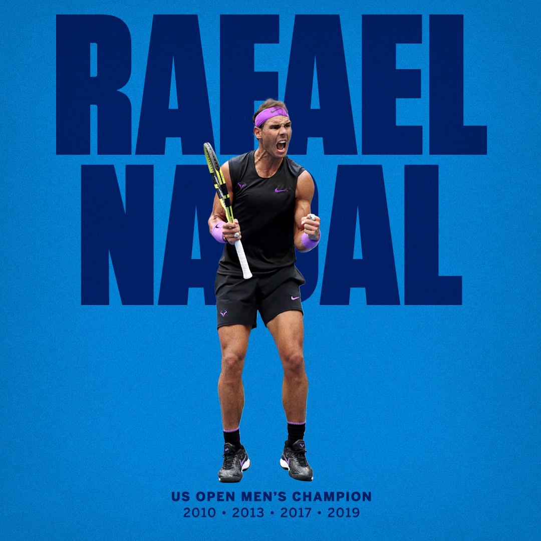 Profunen's tweet photo. Congratulations @RafaelNadal US Open Champion 2019, 19 Grand Slam titles. #Nadal #USOpen #Medvedev #Rafael #Rafa #USOpen2019 #UsOpenFinal #USOpenNow #USOpenNow https://t.co/uFCRyUj4BB