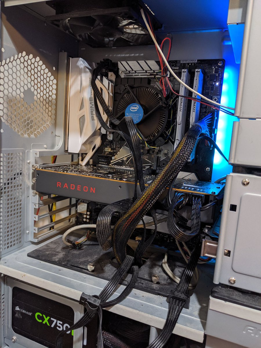 ShadowWelch's tweet photo. Last night my video card died. I wasn't overly mad about it; just wasn't expecting to have to BUY A NEW VIDEO CARD! I went to @MemoryExpress and picked up a #Radeon5700. Looking at the card I asked myself "Would it fit?" It did. @amd #NoCableManagement @ASUS https://t.co/yLqoZIKcEZ
