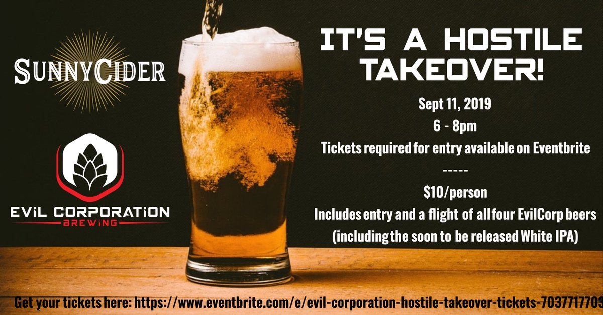evilcorpbrew's tweet photo. Only a few days left to grab your tickets for this event at @sunnycider_ca. $10 a ticket gets you a flight of four of our beers including our new White IPA.
#brewing #craftbeer #calgary #alberta #yyc #cider https://t.co/Ko4rdfJCQa