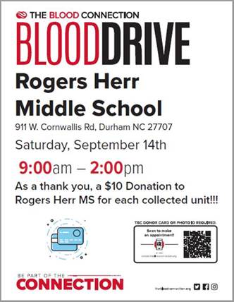 rogersherrmiddl's tweet photo. Rogers-Herr is hosting a community blood drive on Sept. 14th 9am- 2pm.  Not only will donating save lives, but the school will receive $10 for each person who donates. Must be 16 years old to participate.  Register at https://t.co/cSUvLlWq2u https://t.co/9fTdoffIfd