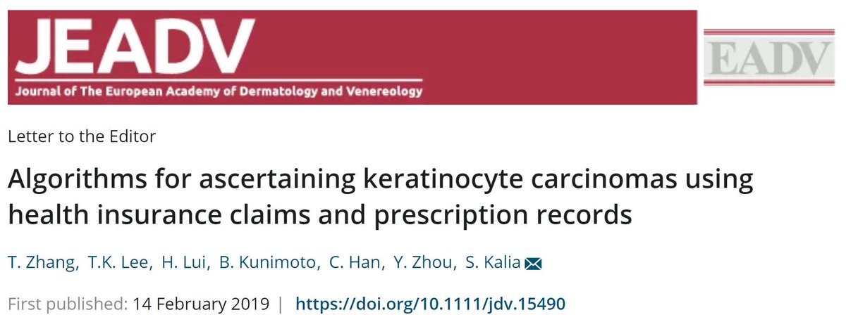 How can we determine the incidence of keratinocyte carcinomas (the most common cancers) on a population basis? ...Analyzing health insurance billing claims might be one way as reported by T. Zhang et al in #JEADV #skincancer doi.org/10.1111/jdv.15…