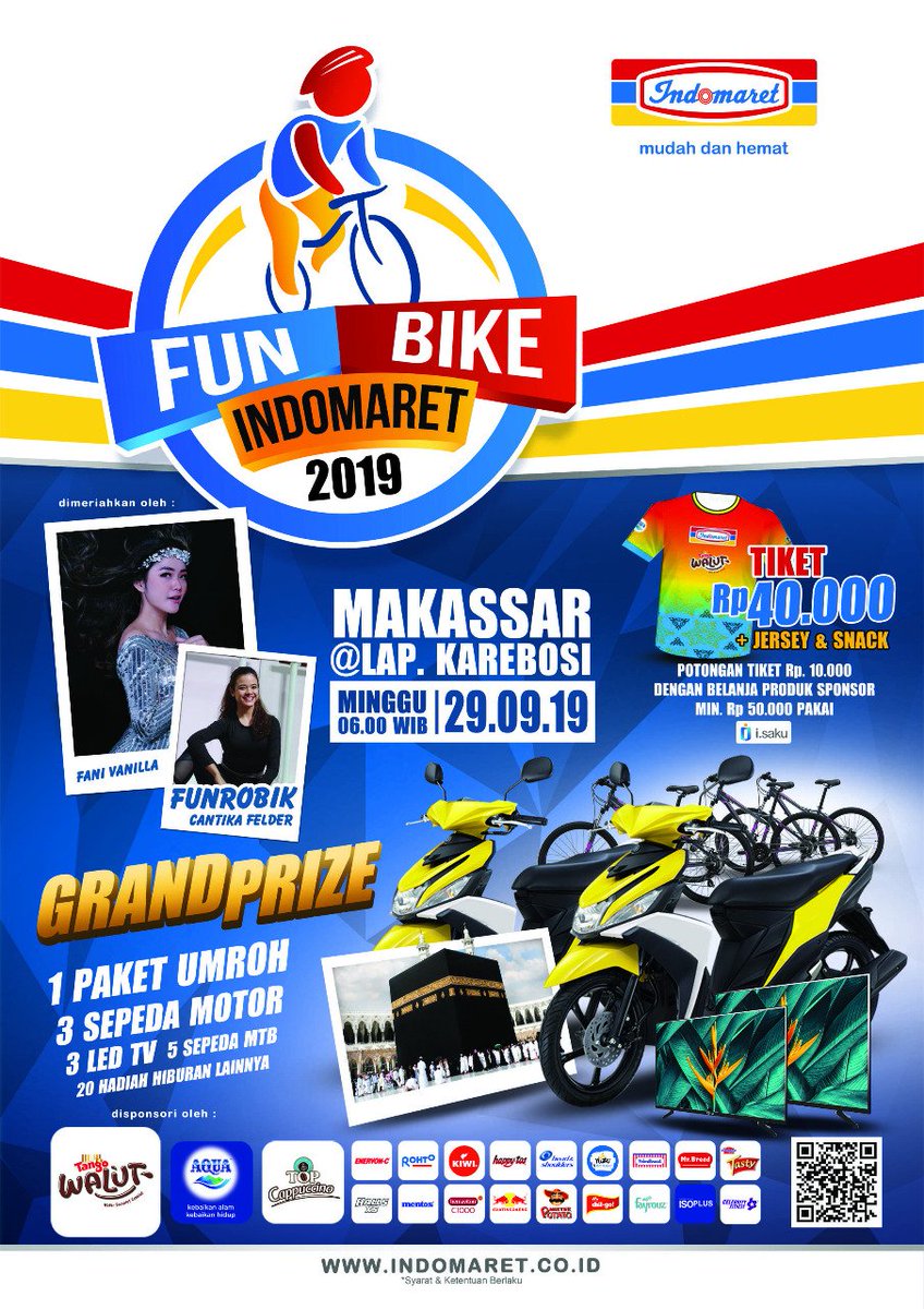 Buat agank2 yang hobi gowes.
Ikutki FUN BIKE INDOMARET 2019 hari Minggu, 290919 di Lap Karebosi. Harga tiket 40rb include snack dan jersey.
Doorprize menarik 1 tiket umroh, 3sepeda motor, 3Tv, 5 Sepeda. More info hubungima saja #makassar #funbike #funbikemakassar #eventmakassar