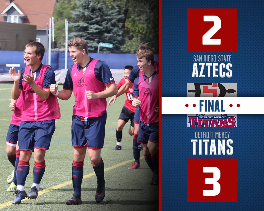 UDMSoccer's tweet photo. FINAL // Detroit Mercy 3, San Diego State 2.

The Titans score three goals in the final 15 minutes of the match for a great come-from-behind win! Ben Al-Gharabally scores the game-winner with five minutes left.

#HLMSOC | #TitansForLife⚔️ https://t.co/sojfwp8mlH
