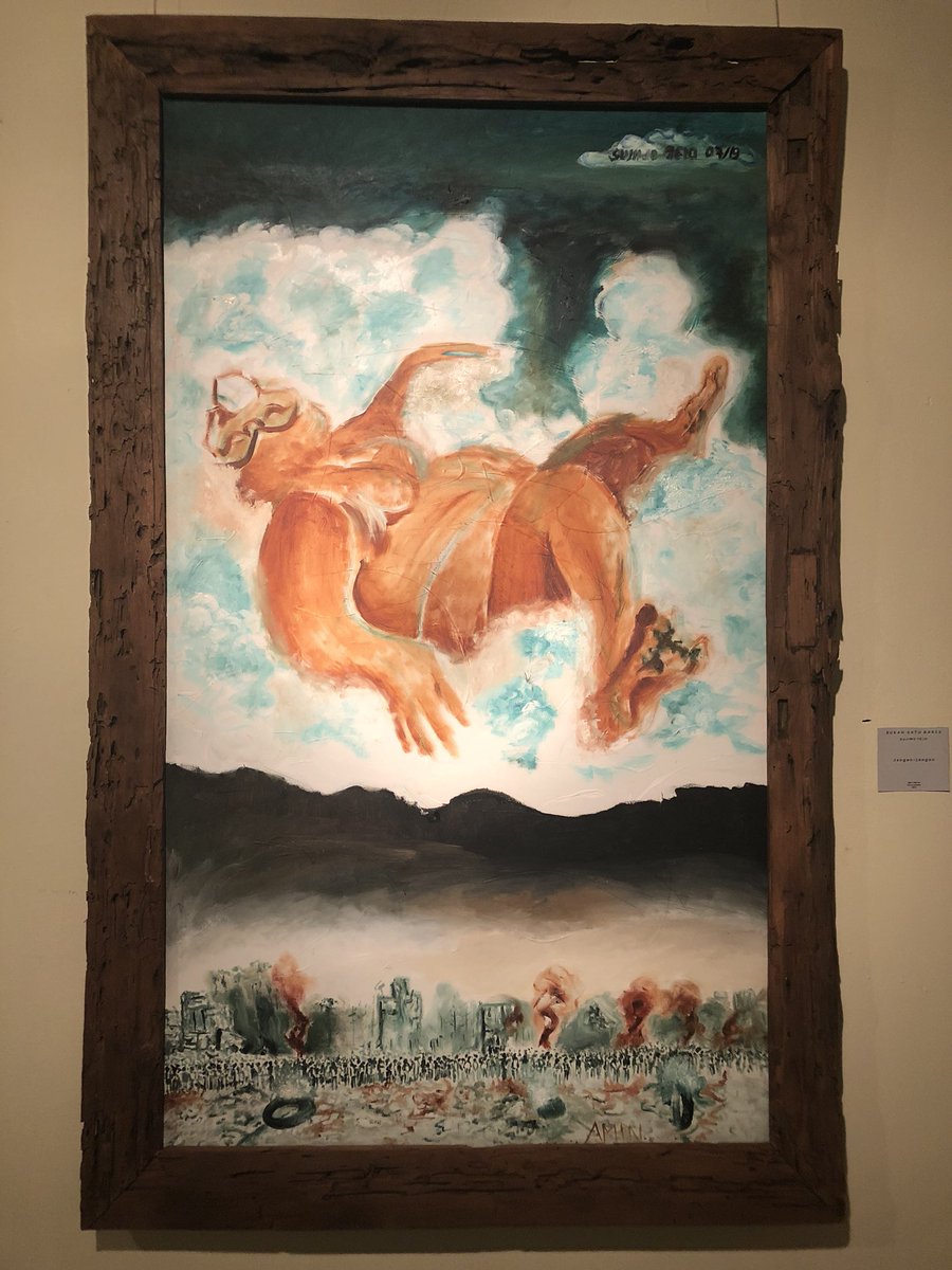 sudjiwotedjo's tweet photo. #SemarMoksa .Komen berhadiah kaus #Jancukers Ori: Retweet dgn komen (komen di atas RT) lukisanku oil on canvas 90 x 150 cm2 itu. Seluruh komen benar. Yg menang cm  yg kebetulan kupilih. Sayembara ditutup tgl 20 Sept, tgl penutupan pameran lukisanku di Taman Ismail Marzuki Jakarta https://t.co/b9FhehKyyV