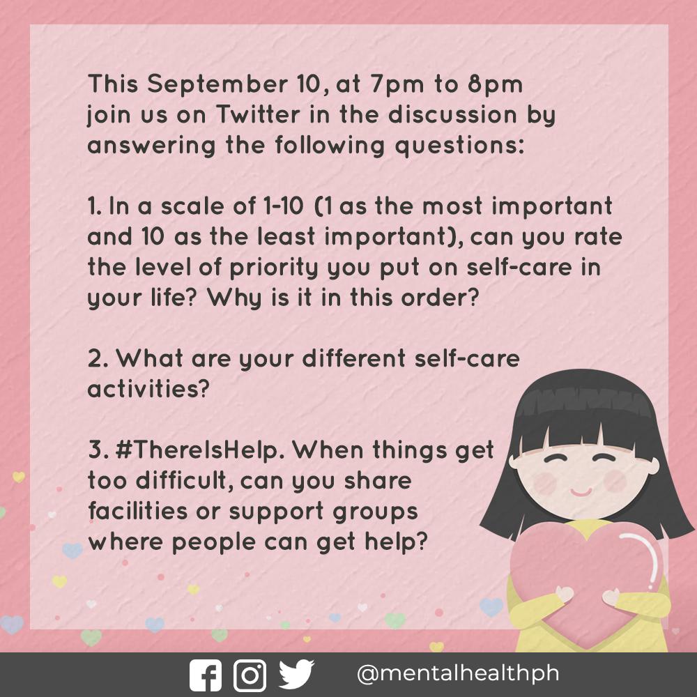 mentalhealthph's tweet photo. Sep 10 is #WorldSuicidePreventionDay! Tara, #UsapTayo on Sep 10, from 7-8PM as we raise awareness on #SuicidePrevention, let us also raise awareness on the importance of taking care of ourselves. 

Let’s make self-care a priority!  #MentalHealthPH

READ: 
https://t.co/SwjPnYdOAN https://t.co/ffsZlonG04