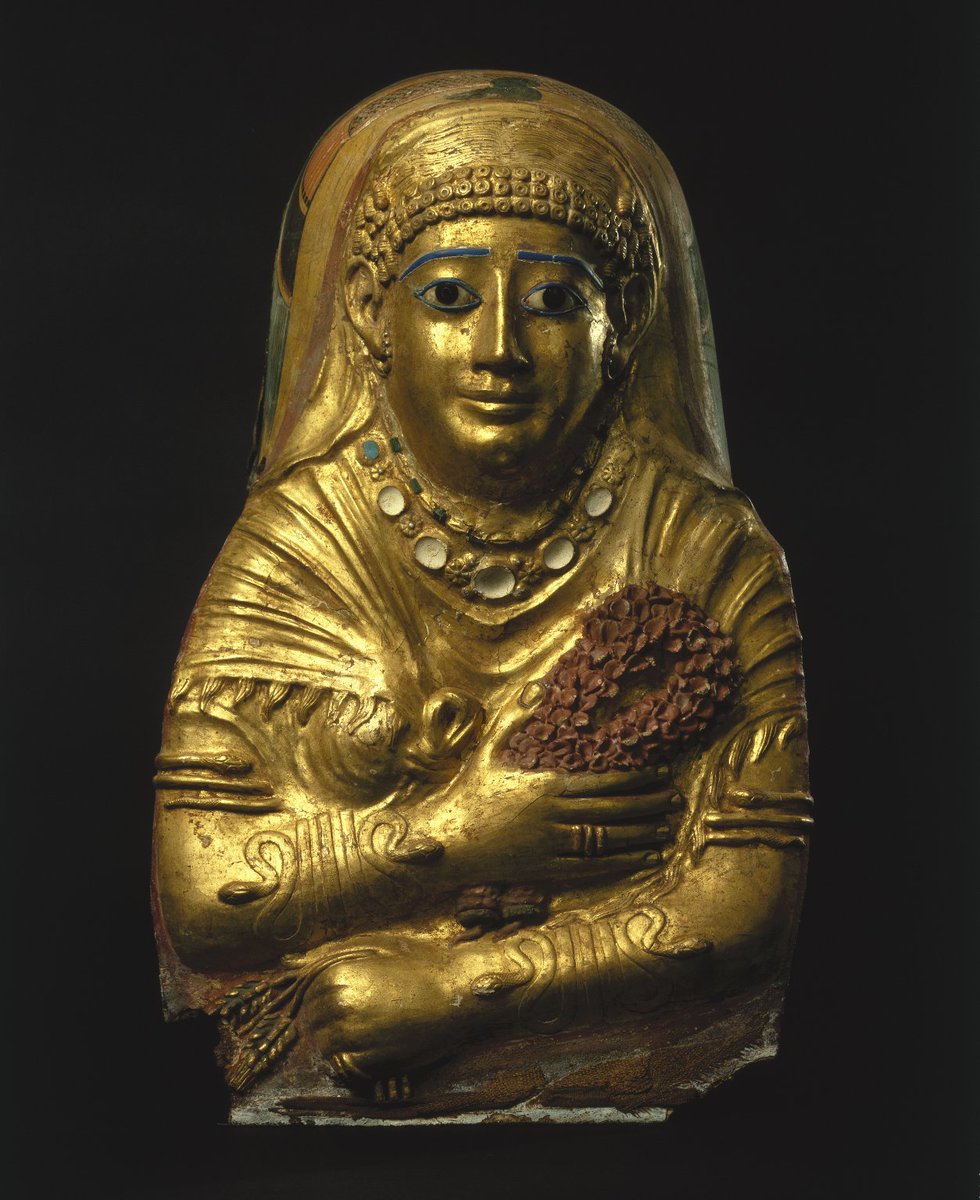 archaeologyart's tweet image. Mummy Cartonnage of a Woman. Place of origin: Hawara. Date: A.D. 1st century. Period: Roman Period. Medium: Linen, gesso, gold leaf, glass, faience. Source: #BrooklyMuseum.