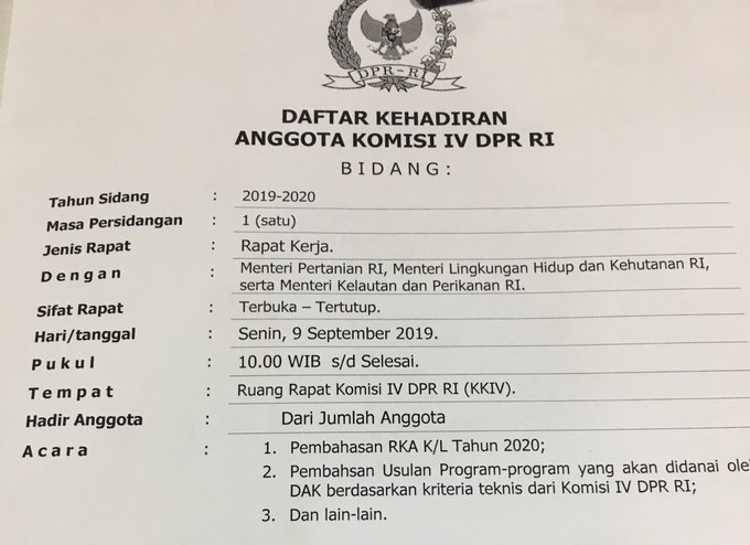 WikiDPR2's tweet photo. #kom4 Edhy P @Gerindra
 #Sumsel1: membuka Raker dg Menteri Pertanian RI, Menteri Lingkungan Hidup &amp; Kehutanan RI, Menteri Kelautan &amp; Perikanan RI. Dimulai pkl 11.00 WIB. Diskors 10menit krn blm memenuhi kuorum. https://t.co/wYsA4H8Mq8