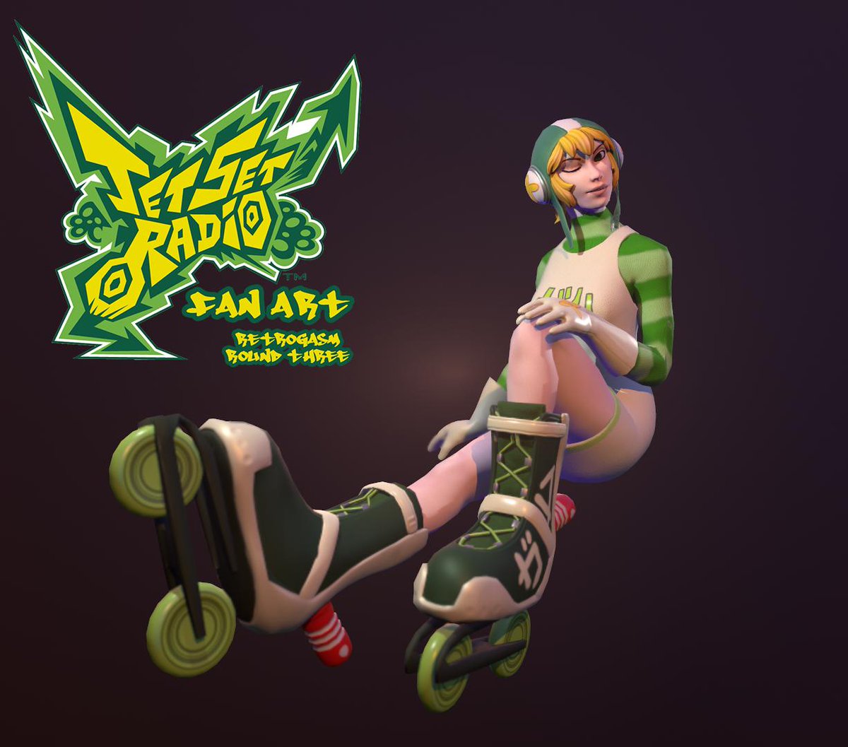 ArtMattgeddon's tweet photo. Finally, done with my #Retrogasm piece of Gum from Jet Set Radio. I got some practice with more of the tail end of the #gameart pipeline and found some spots I could improve, but overall I'm pretty happy with how it turned out. https://t.co/tdt47ViYjB