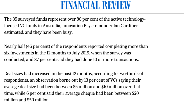 #InnovationBay partnered with <a href="/kpmghgv_AU/">KPMG High Growth Ventures</a> undertook a distinctive survey of the #Australian VC industry and it resulted in some insightful findings.

Read more about it in the #AFR article attached: afr.com/technology/aus…