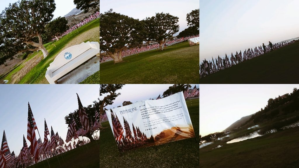 CAMontgomery1's tweet photo. A celebration of those who lost their lives in tragic event in NYC 9/11 #Flags of different countries amidst lucious #GreenLawns #ShadyTrees @pepperdine #Malibu near sunset #MyDayInLA #CaliforniaDreamin https://t.co/cCRMgAXISo