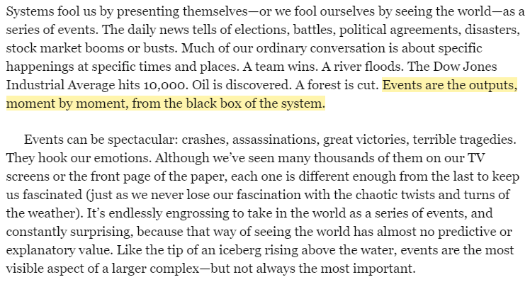 I& #39;ve made more highlights in "Thinking in systems" than any other book I& #39;ve read, in part because it& #39;s so widely applicable. Here& #39;s an almost throwaway passage brilliantly explaining why the news is not a good way to understand the world.
