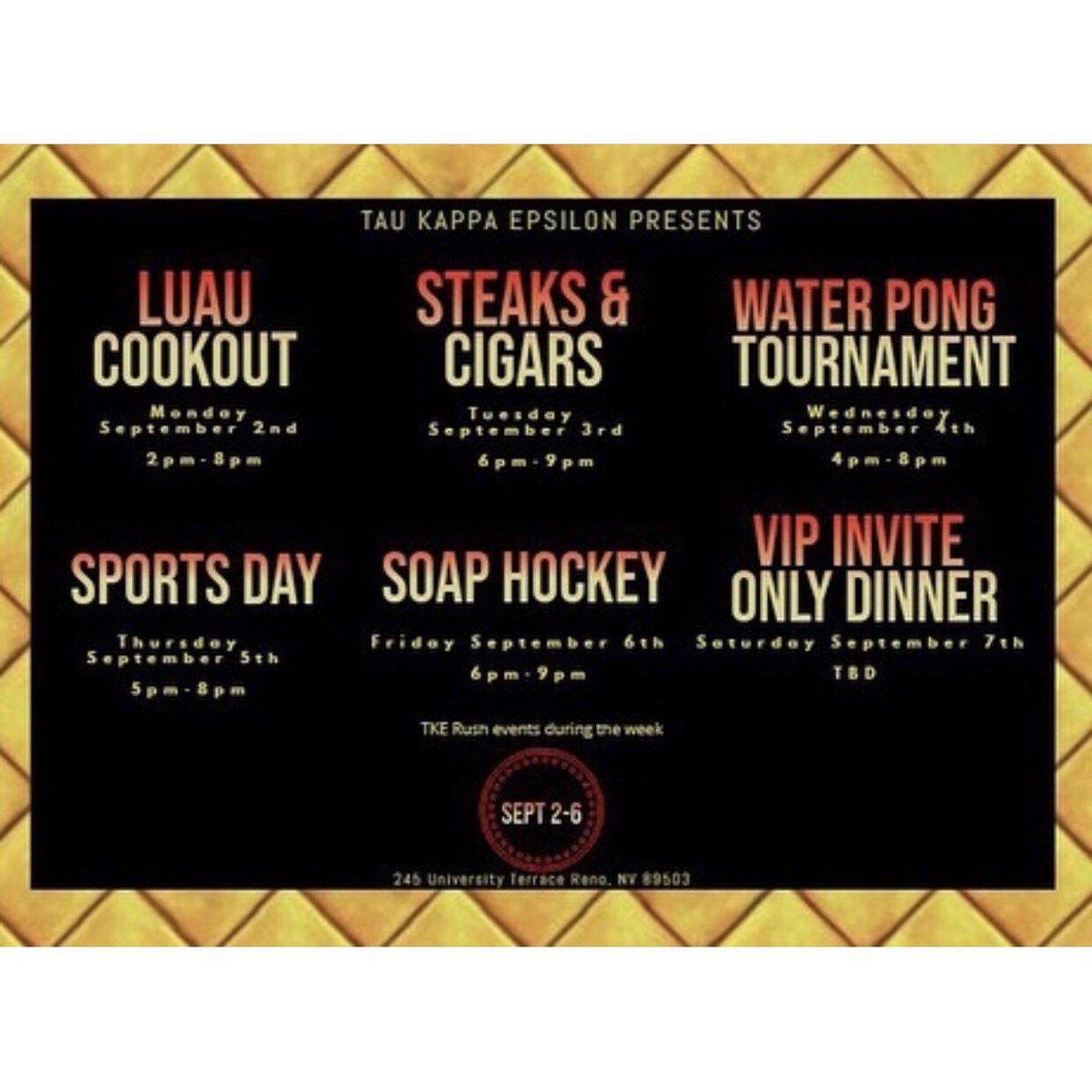 Tau Kappa Epsilon was founded at the #UNevadaReno on February 13, 1982. Since that time, <a href="/NevadaTKE/">Nevada TKE</a> has aided many #UNR students in their mental, moral, and social development. Check out their events this week! #NevadaFSL #NevadaTKE #TauKappaEpsilon #NVIFC #GoGreek