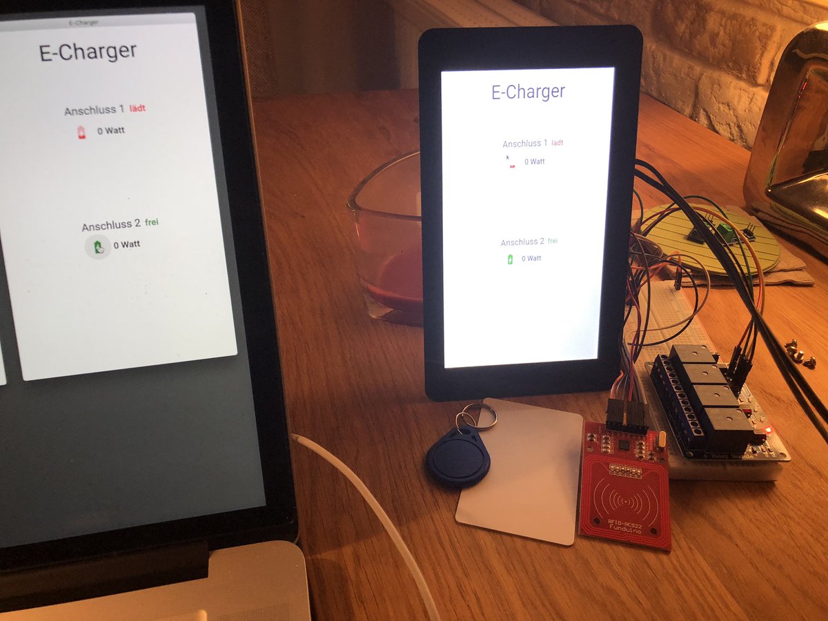 mikebild's tweet photo. It wasn’t easy but it works 🥳 - PoC ECharger Wallbox is running on #RaspberryPi #4relays #rfid #powersensor using #react #electron #kiosk #ocpp #mqtt #websockets #awsiot #cognito #appsync #graphql #dynamodb next step - boxing and a small #reactnative app https://t.co/ent2Vkz2sB