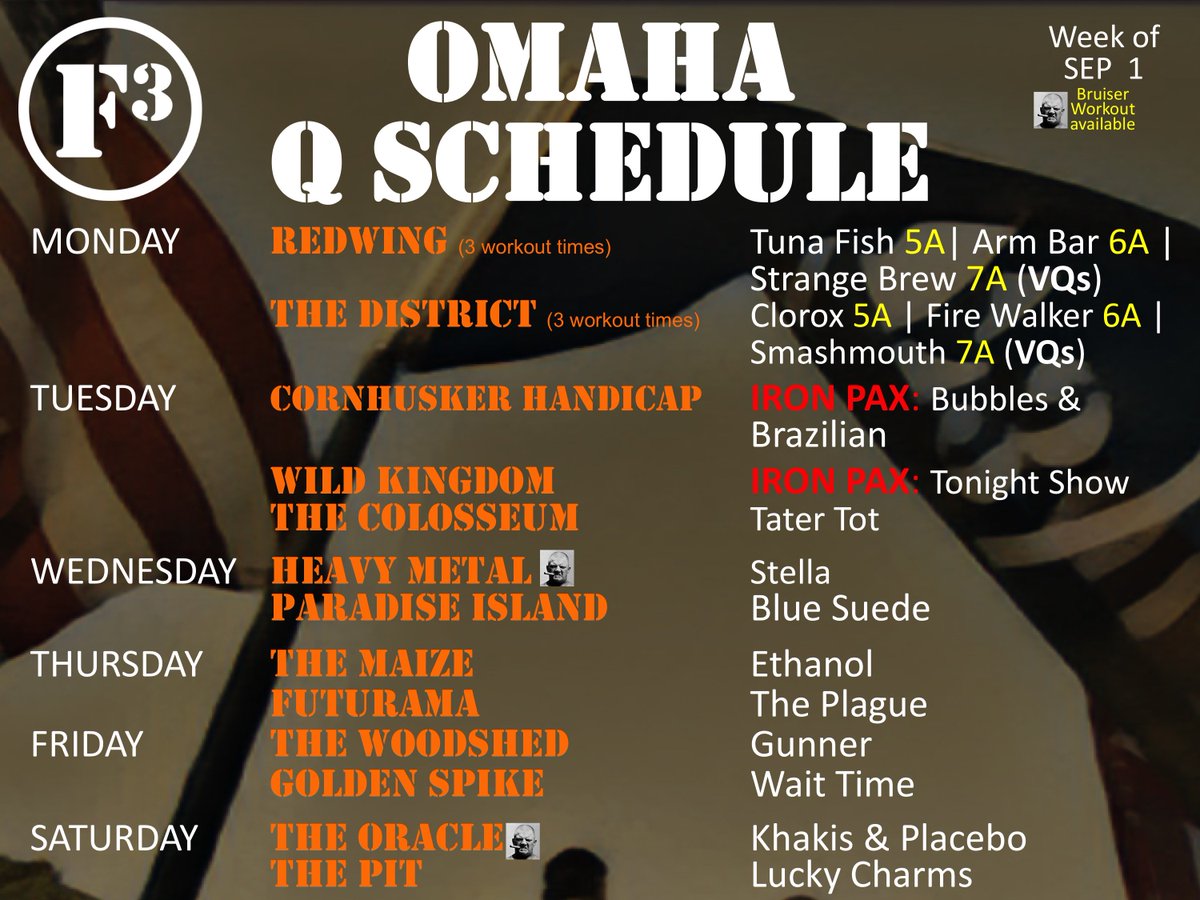 F3Omaha's tweet image. Weekly Schedule:
🇺🇸 Labor Day Triple Murph #CSAUP (All VQs): Do Murph 1x or 3x!

★  Tue: @F3IronPax | @F3CornHuskHcap &amp;amp; @F3WildKingdom 

🍽 Fri: #SecondF @FirstFriday Lunch at @WestroadsMall @flagshipcommons