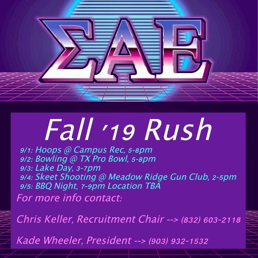 We’re getting rush week rolling with basketball tonight at the Rec Center! Come out from 5-8pm to meet the gentlemen of ΣΑΕ and shoot some hoops! #SFA23 #SFA22 #GoSAE