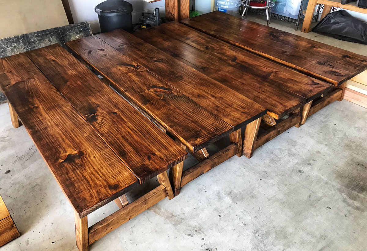 DmacDeere's tweet photo. Nearing the finish line on our farmhouse kids play tables. Wrapped up stain and final poly this afternoon. #AlmostDone #woodworking #kidstables https://t.co/HFirW9G35I