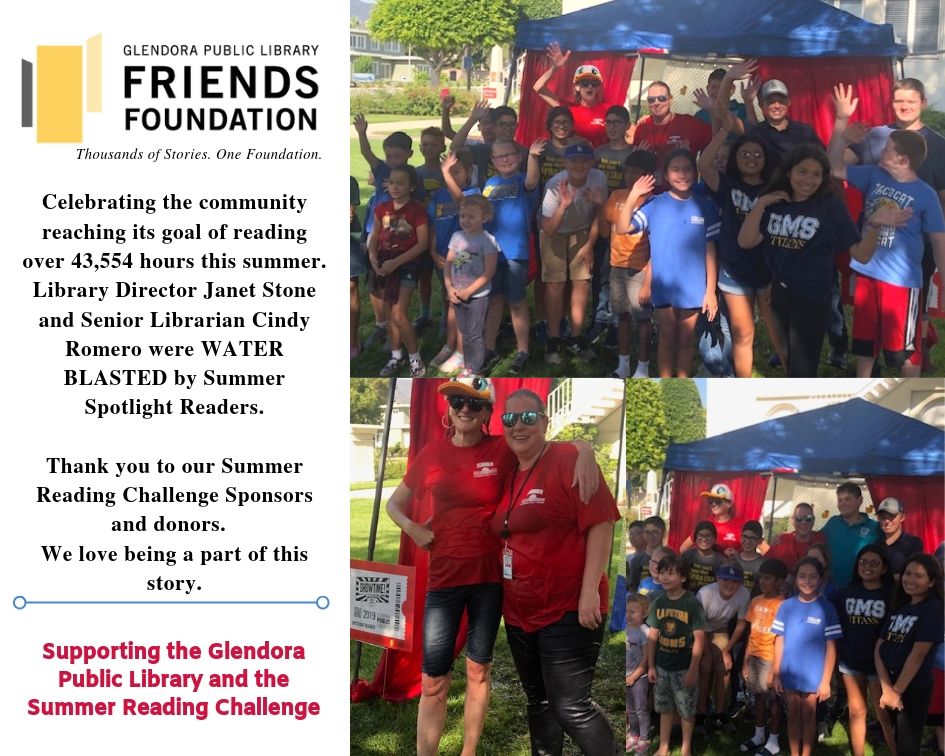 gplffoundation's tweet photo. Library Director Janet Stone and Senior Librarian Cindy Romero take a hit for the library in celebration of the community reaching the goal over 43,000 hours read for the Summer Reading Challenge.  We love being a part of this story.  #gplff #src2019 #glendora #summerreading https://t.co/pVOkku9eRK