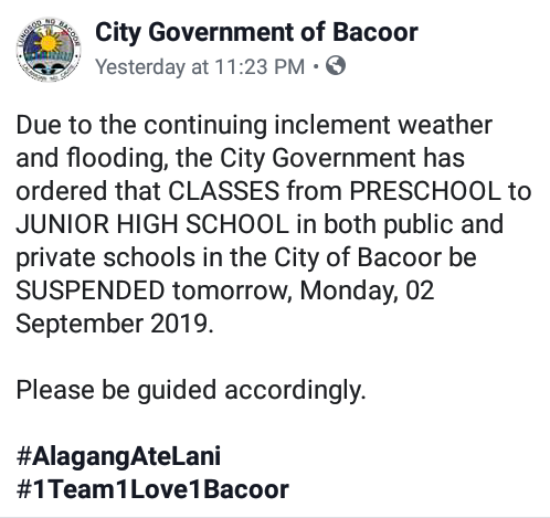 MTS_SC1920's tweet photo. Magandang umaga! Wala pong pasok ngayong araw(September 2, 2019) ang PRESCHOOL hanggang JUNIOR HIGH SCHOOL. Sa Senior High School lamang ang may pasok. https://t.co/YHxsiYSlhq