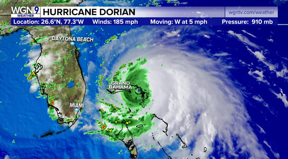 MikeJanssenWX's tweet photo. Eye of catastrophic Cat 5 Hurricane Dorian over Abacos Islands in Bahamas. Sustained winds 185 mph w/ higher gusts. Dorian aiming toward Grand Bahama. Hurricane force winds extend 45 miles from center, tropical storm winds 140. Expected Storm surge: 18-23', Rain: 12-24" (iso 30) https://t.co/71yyPGUlLE