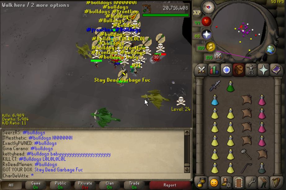 Bulldogs_rs's tweet photo. Bulldogs welcome @weedblazers clan to the wilderness! Our undercover agent found their member "Geluk" luring at the slayer caves in PvP worlds, and lured him all the way to the single strip! Resulting in a 170m kill, shame he lost his skull at the end! https://t.co/ohiUomV9Gk