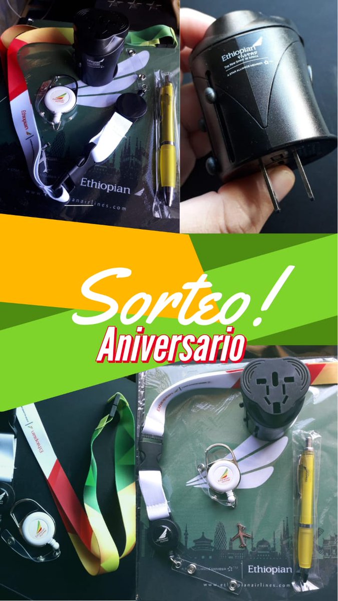 Este mes cumplimos 5 años y el primer sorteo es con los siempre amigos de <a href="/ethiopianarg/">Ethiopian Airlines Argentina</a>
Se pueden ganar un kit oficial que incluye adaptador universal, mousepad, llaveros
.etc 
Condiciones: Seguir nuestra cuenta <a href="/ArgSpotters/">ARGENTINA ✈ SPOTTERS</a> y la de <a href="/ethiopianarg/">Ethiopian Airlines Argentina</a> y arrobar a 2 Amigos tuiteros!