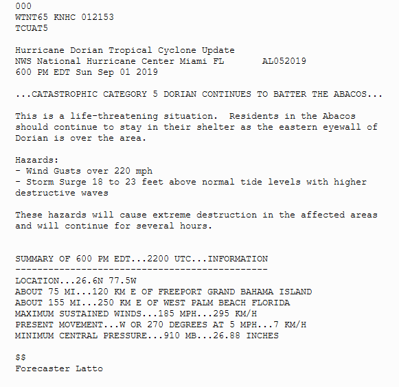 NHC_Atlantic's tweet photo. 6 PM EDT Tropical Cyclone Update on #Dorian: Catastrophic Category 5 Dorian Battering Great Abaco. The eastern eyewall is now passing over the island. https://t.co/tW4KeFW0gB https://t.co/Blpdx2zhx1