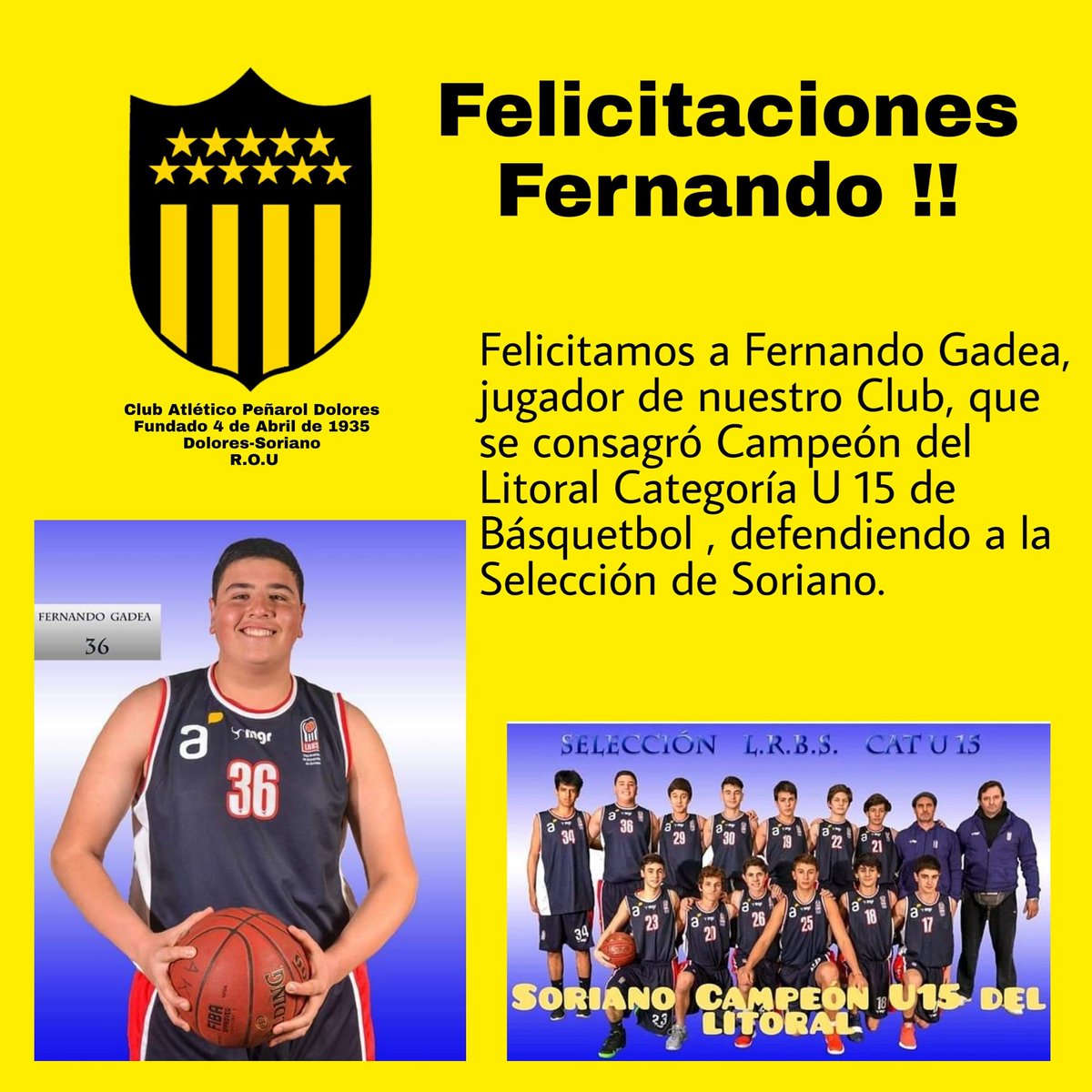 Felicitamos a Fernando Gadea, jugador de nuestro Club, que se consagró Campeón del Litoral Categoría U 15 de Básquetbol , defendiendo a la Selección de Soriano.
<a href="/LRBSoriano/">LRBS LIGA DE SORIANO</a> <a href="/ProgramaFDB/">Formativasbasquetbol</a>