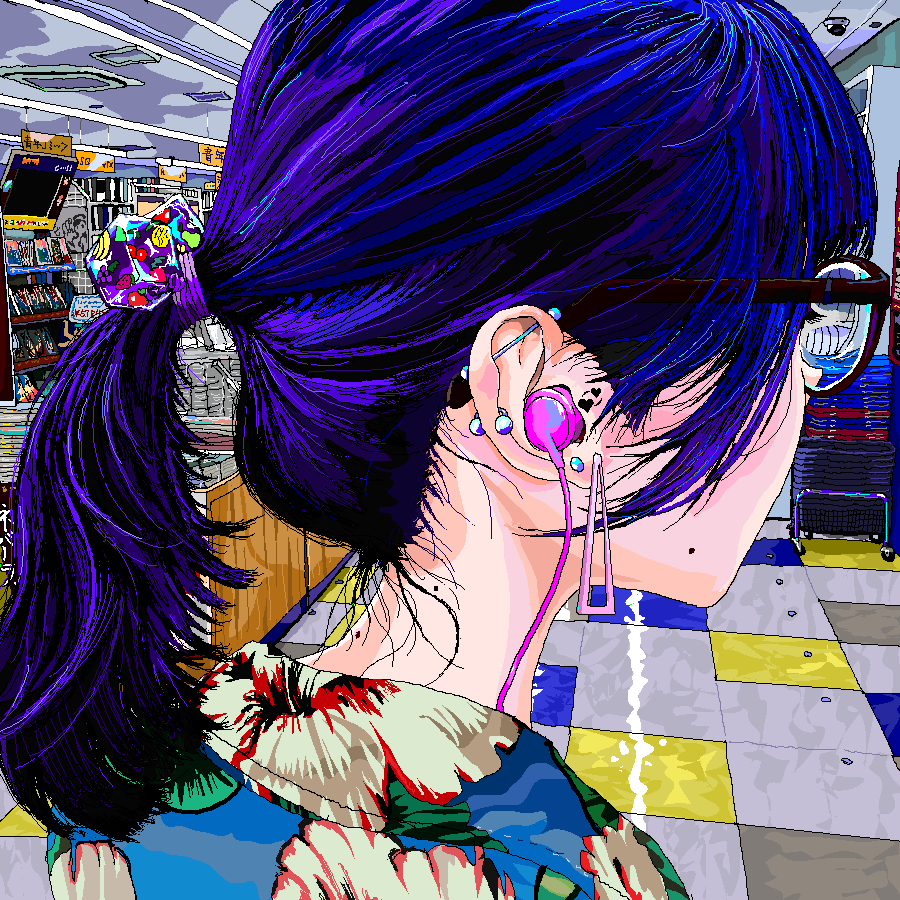 1girl solo earphones jewelry glasses earrings ponytail  illustration images