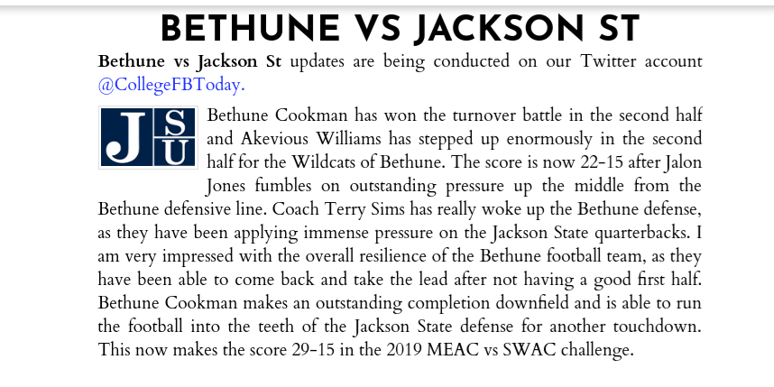 CollegeFBToday's tweet photo. That concludes our coverage of the 2019 MEAC vs SWAC challenge at College Football Today and we want to congratulate @BCUGridiron for reigning victorious. We could be seeing them back in Atlanta very soon in the Celebration Bowl! 
https://t.co/WZMjNOXz7F

#MEACSWACChallenge https://t.co/i02rysHeY6