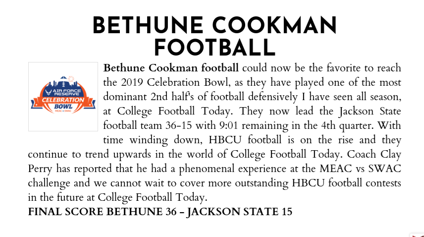 CollegeFBToday's tweet photo. That concludes our coverage of the 2019 MEAC vs SWAC challenge at College Football Today and we want to congratulate @BCUGridiron for reigning victorious. We could be seeing them back in Atlanta very soon in the Celebration Bowl! 
https://t.co/WZMjNOXz7F

#MEACSWACChallenge https://t.co/i02rysHeY6