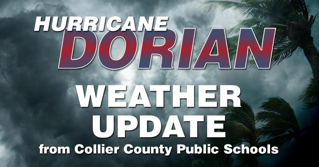 GGM_SOARS's tweet photo. #Dorian Update #2 - CCPS continues to monitor #Dorian closely. While current path keeps #collier out of the cone, it is critical to wait for more certainty about timing/speed of storm's turn to the north. We will make determination about school closures by 3pm tomorrow (8/2). https://t.co/P0dd2VJbxH