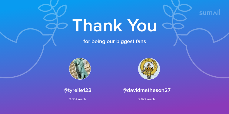 Our biggest fans this week: tyrelle123, davidmatheson27. Thank you! via sumall.com/thankyou?utm_s…