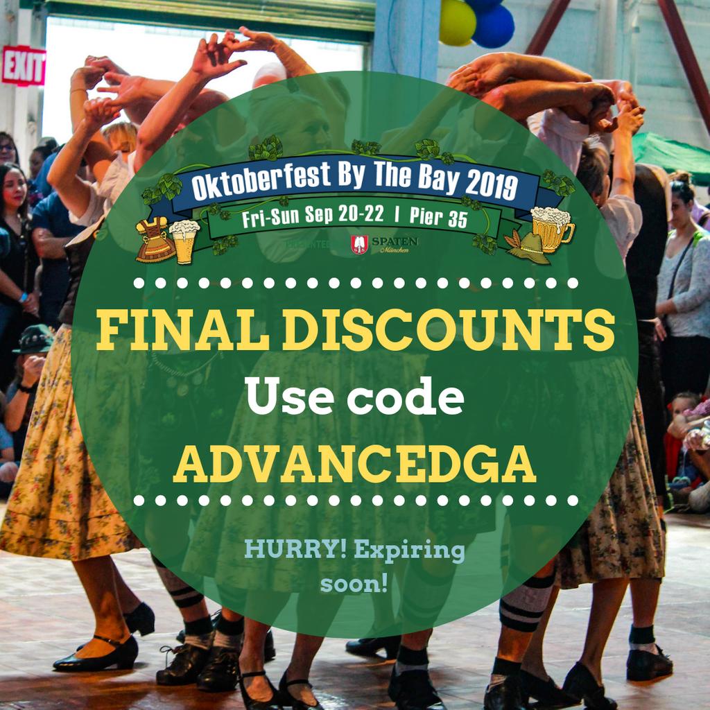 FINAL DISCOUNTS! If you don’t have your ticket to this year’s 20th anniversary Oktoberfest, get it now! Use our last and final discount to save on tickets! Use codes ADVANCEDGA and ADVANCEDVIP at checkout

#thefinalcountdown #pier35 #bayarealife #sanfrancisco #sf #california