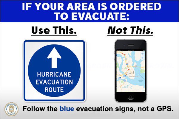 theSCDPS's tweet image. ** As evacuations begin tomorrow at Noon…Please follow the blue reversal signs and the instructions of officials. Ensure your gas tank is full; cell phone is charged and download SCEMD app to follow the latest news.  #Dorian #sctweets #scwx