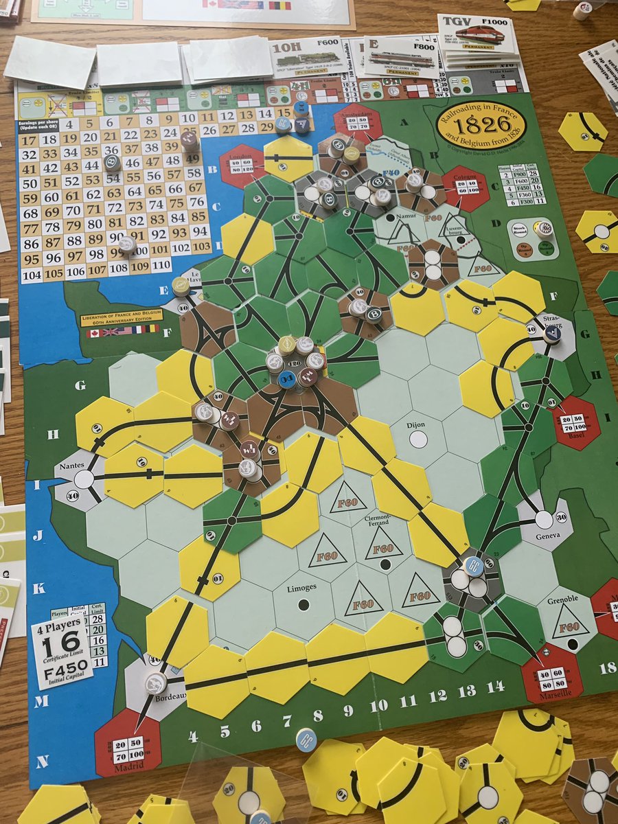 asha_soares's tweet photo. Loook!!! I still play games. Lol. Game end of a 4 player game of 1826 (pic taken after we’d started cleaning up sp yes we 1) got to the TGVs and 2) possibly some tokens removals). #18xx #boardgames https://t.co/J3TF5Y4MKi