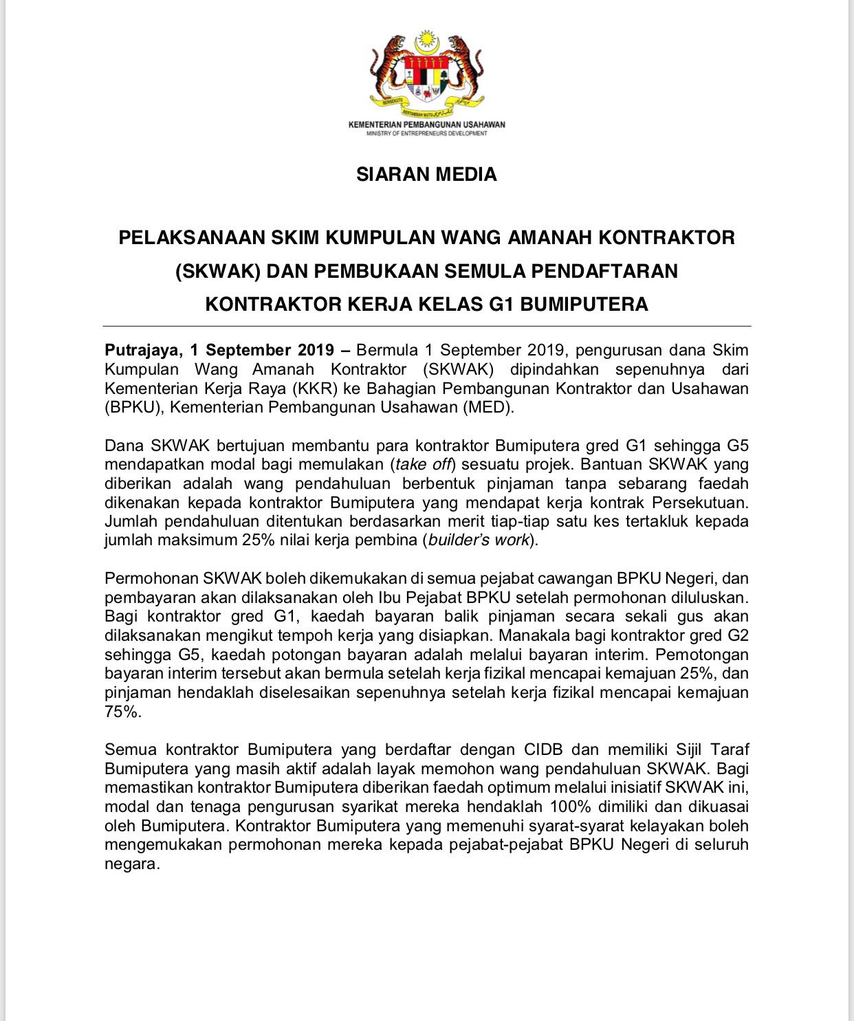 Kem Pembangunan Usahawan Dan Koperasi Medac On Twitter Siaran Media Pelaksanaan Skim Kumpulan Wang Amanah Kontraktor Skwak Dan Pembukaan Semula Pendaftaran Kontraktor Kerja Kelas G1 Bumiputera Medmalaysia Https T Co Tp98ybcjuh