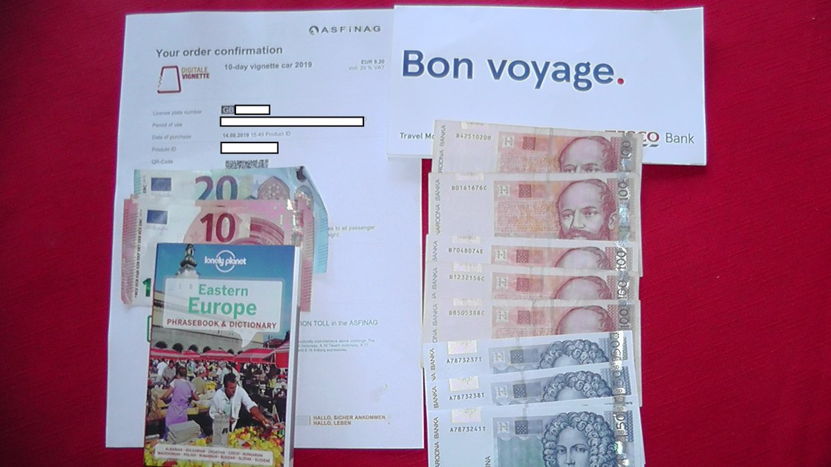 Euros, Croatian Kuna, an Austrian motorway vignette and a Slovenian/Croatian phrasebook. Only 3 more sleeps and off we go! 🇬🇧🇫🇷🇧🇪🇱🇺🇩🇪🇦🇹🇸🇮🇭🇷🇮🇹